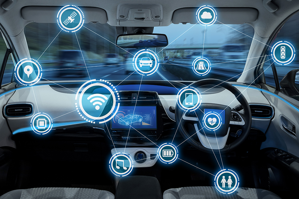 Graphic showing icons indicating a connected car.
