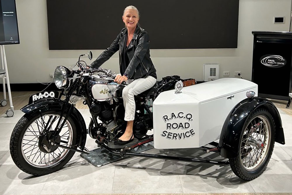 Leona Murphy on an AJS  motorcycle from RACQ's historic fleet.