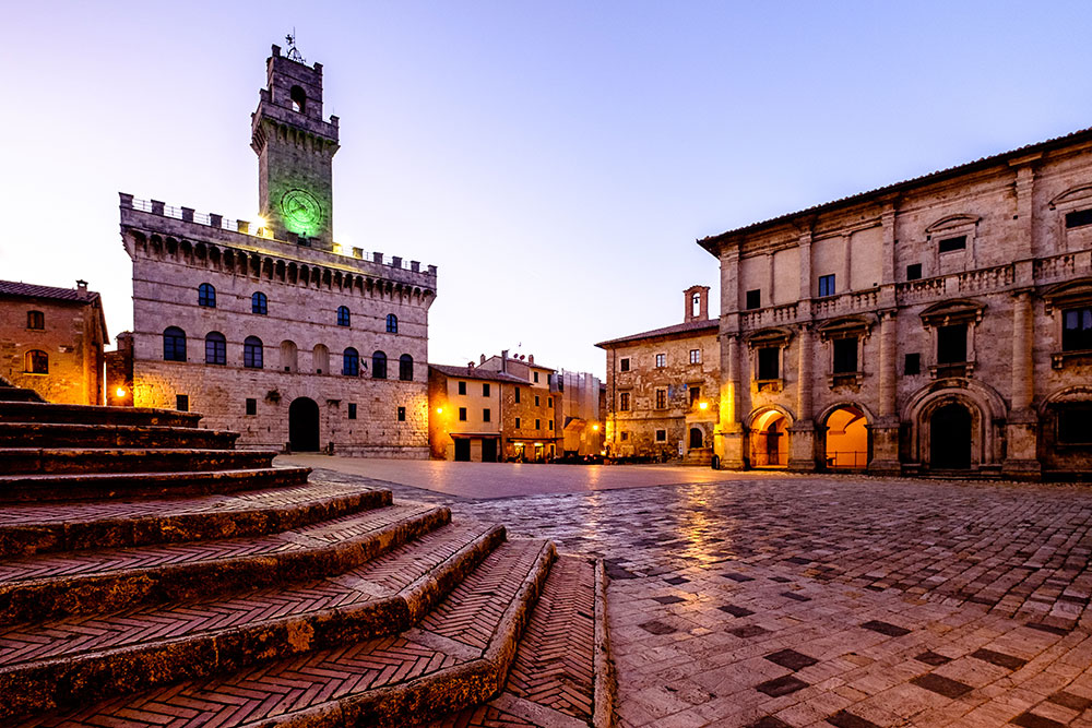 Beautiful cityscape view on the main square with town hall in Montepulciano